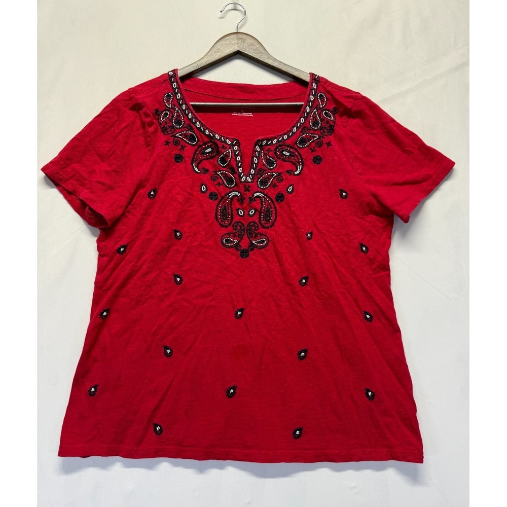 Talbots T Shirt Womens XL Red Embroidered Paisley Cotton Straight Hem Split Neck